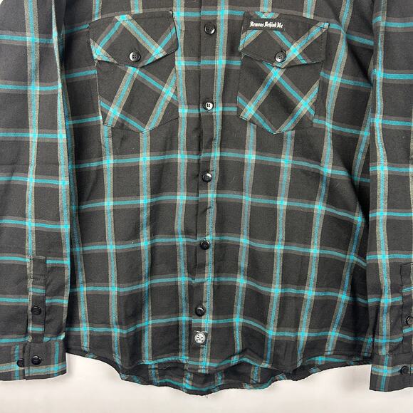 Demons Behind Me Flannel Button Up Shirt Teal/Black Plaid Men's Size 4XL - Picture 3 of 12